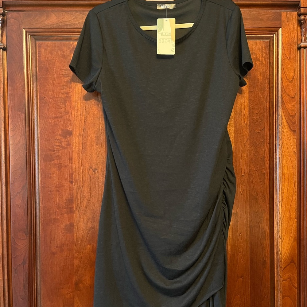 BTFBM Summer Dress Crew Neck Short Sleeve Casual Ruched Mini Dress Black